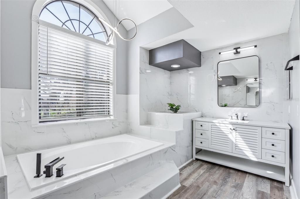 Bathroom, Interior, Marble Walls, Wood Texture Flooring