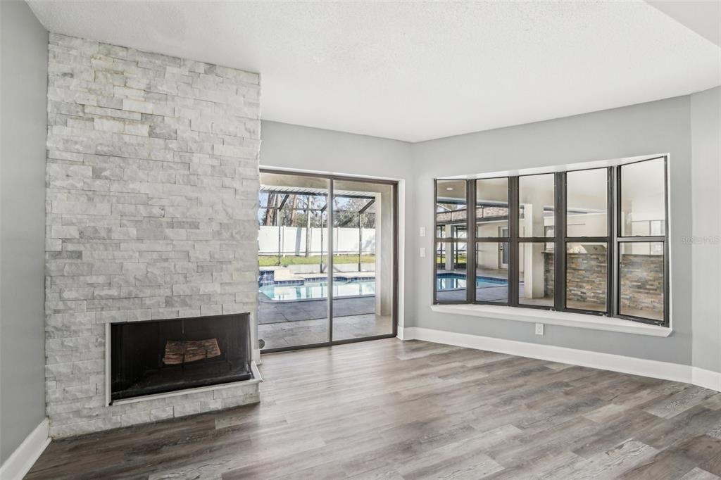 Empty room, Fireplace, Interior, Stone Walls, Wood Texture Flooring