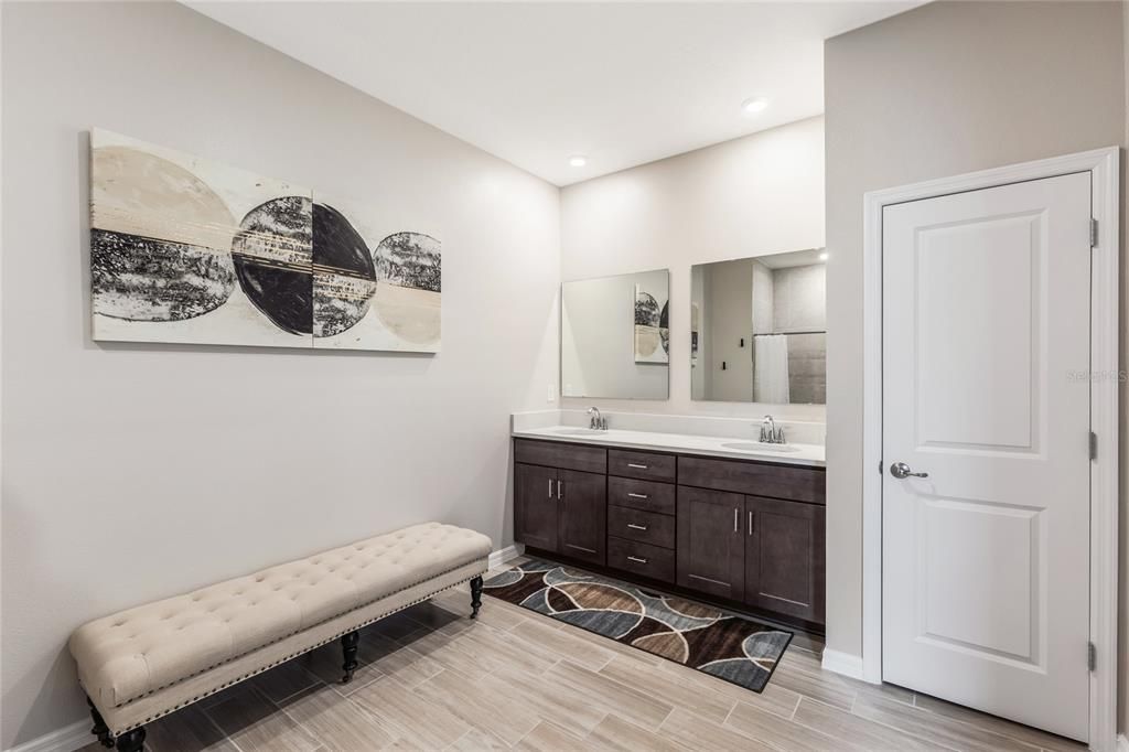 Bathroom, Dual Sink Vanities, Interior, Recessed Lighting, Wood Texture Flooring