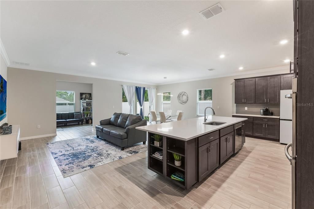 Dining room, Interior, Kitchen, Living room, Recessed Lighting, Wood Texture Flooring