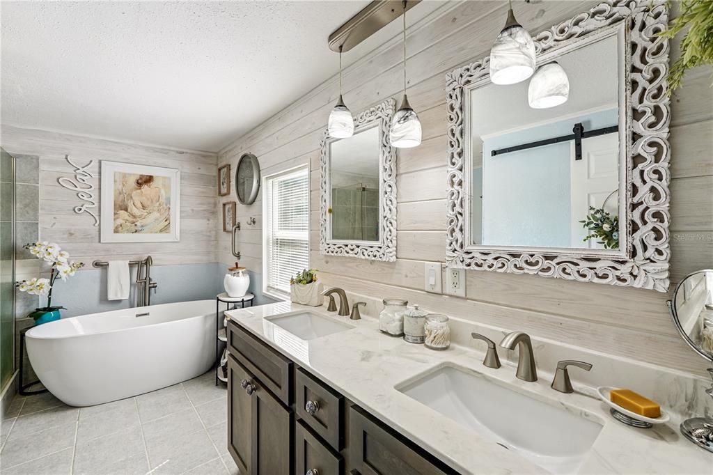 Bathroom, Dual Sink Vanities, Free Standing Baths, Interior, Pendant Lights, Wooden Walls