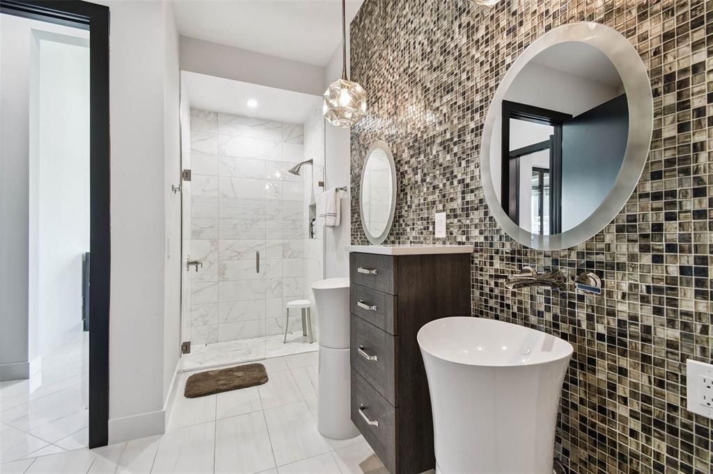 Bathroom, Glass Shower, Interior, Marble Walls, Pendant Lights, Recessed Lighting