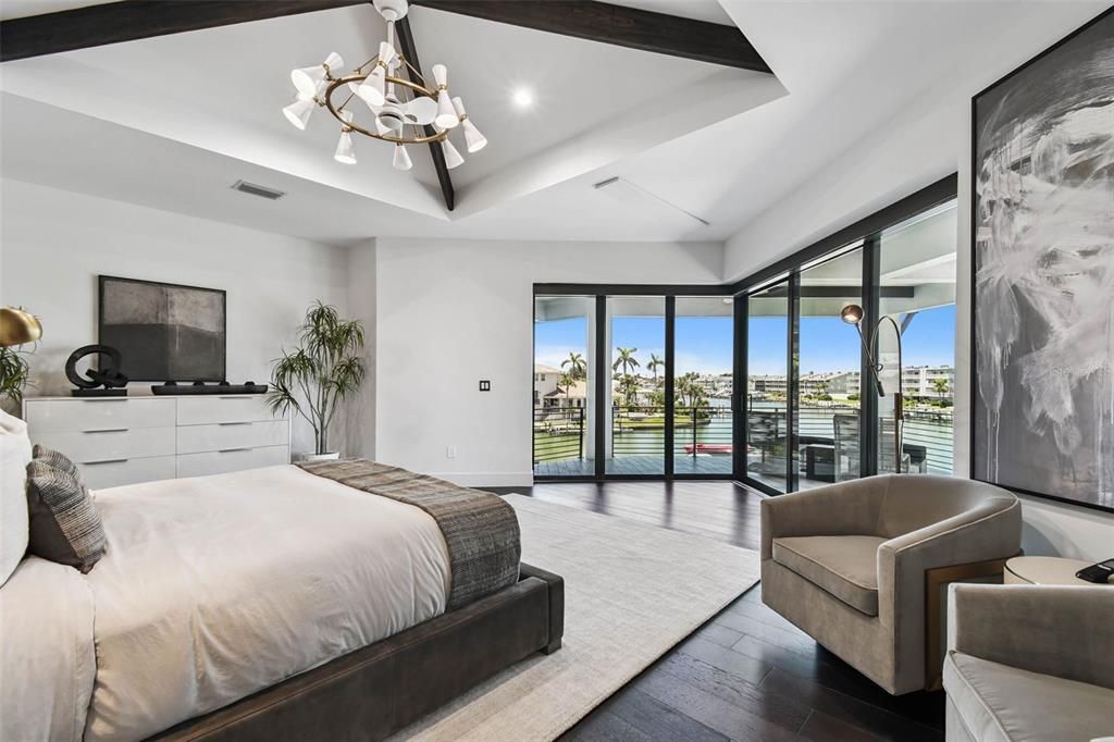 Bedroom, Chandelier, Interior, Recessed Lighting, Wood Texture Flooring