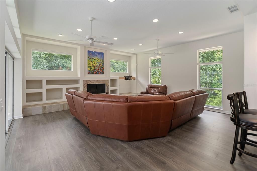 Fireplace, Interior, Living room, Recessed Lighting, Wood Texture Flooring