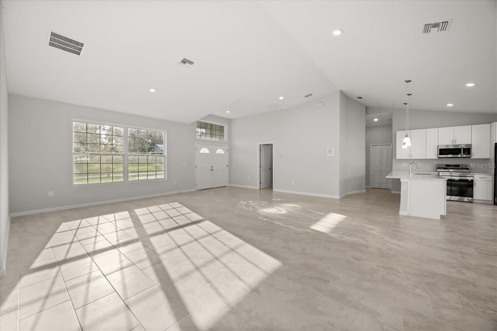 Empty room, Interior, Kitchen, Pendant Lights, Recessed Lighting, Stainless Steel Appliances