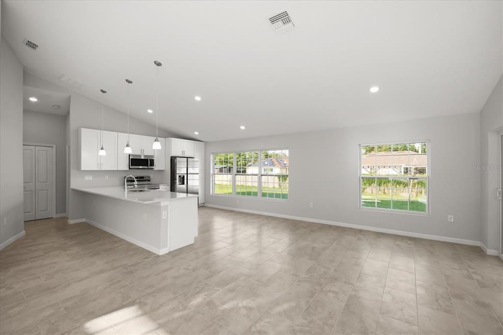 Empty room, Interior, Kitchen, Pendant Lights, Recessed Lighting, Stainless Steel Appliances