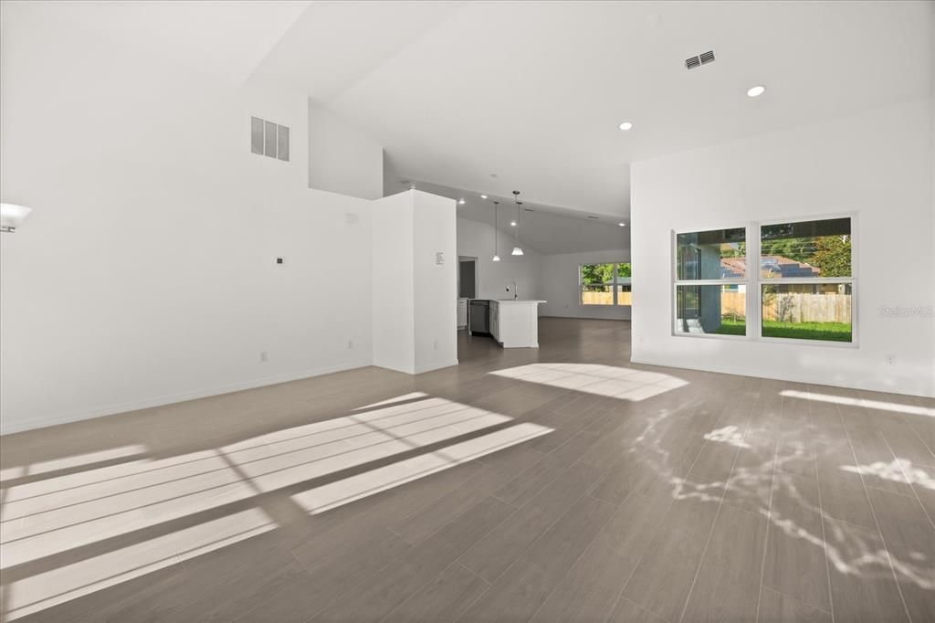 Empty room, Interior, Pendant Lights, Recessed Lighting, Wood Texture Flooring