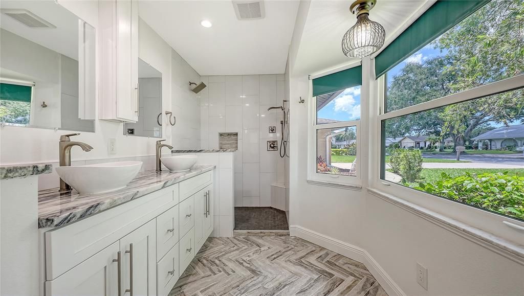 Bathroom, Dual Sink Vanities, Glass Shower, Interior, Recessed Lighting
