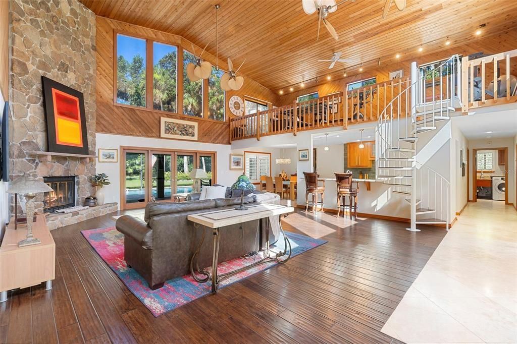 Fireplace, Interior, Kitchen, Living room, Pendant Lights, Recessed Lighting, Stone Walls, Wooden Ceilings, Wood Texture Flooring