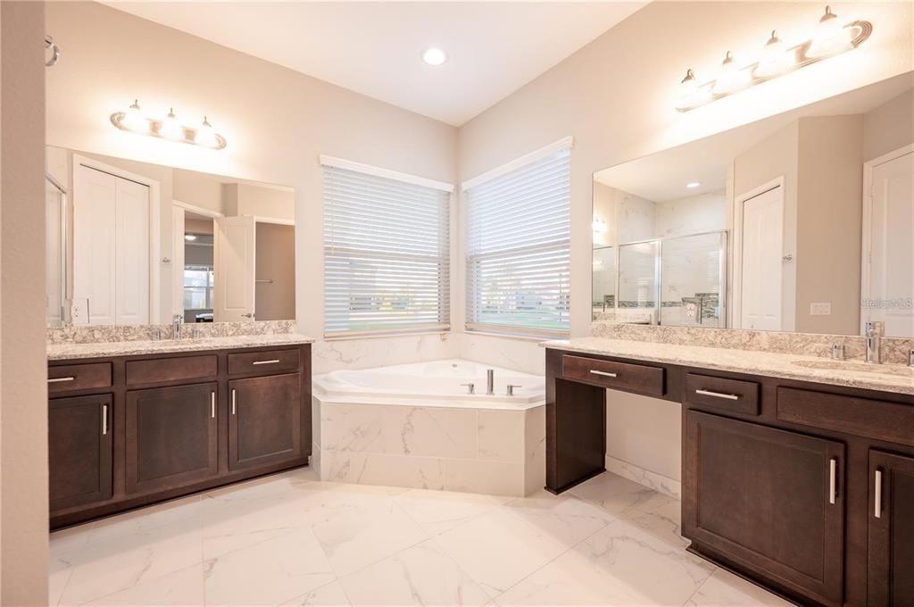 Bathroom, Dual Sink Vanities, Glass Shower, Interior, Marble, Recessed Lighting