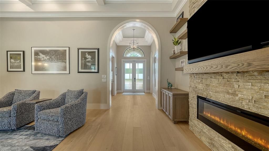 Fireplace, Interior, Pendant Lights, Stone Walls, Wood Texture Flooring
