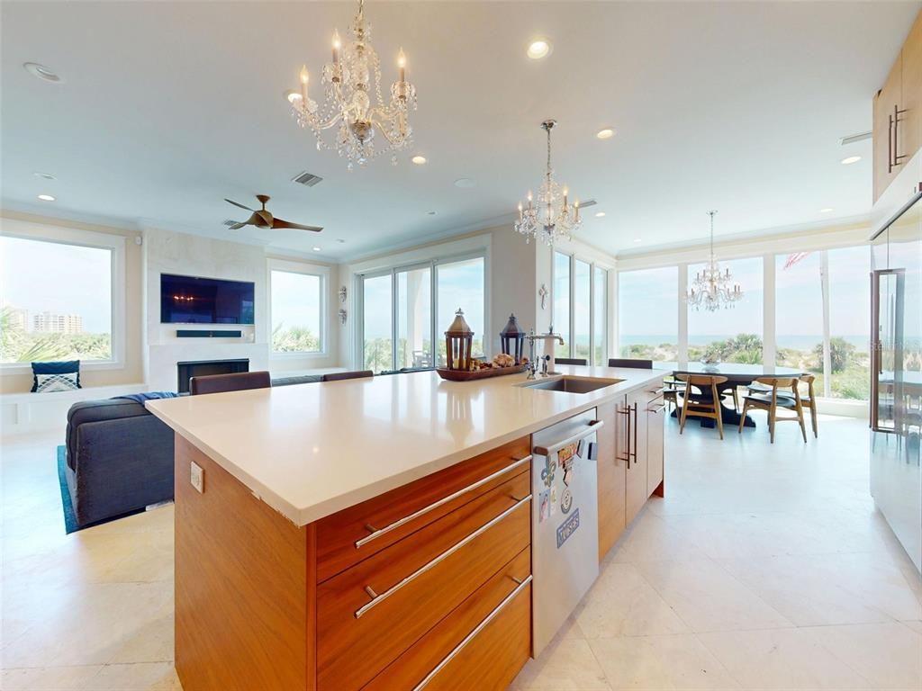 Chandelier, Dining room, Fireplace, Interior, Kitchen, Living room, Recessed Lighting