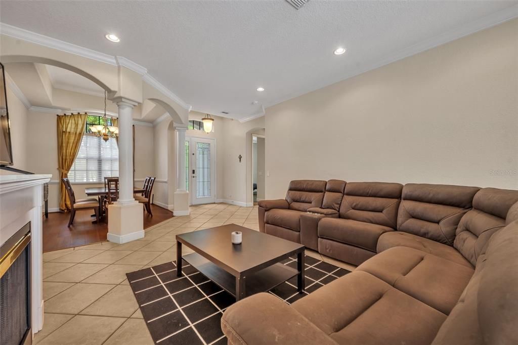 Dining room, Fireplace, Interior, Living room, Pendant Lights, Recessed Lighting