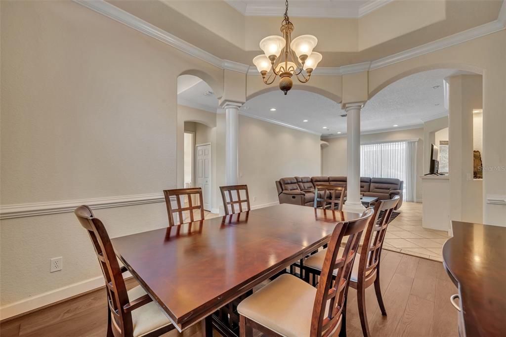Chandelier, Dining room, Interior, Living room, Recessed Lighting, Wood Texture Flooring