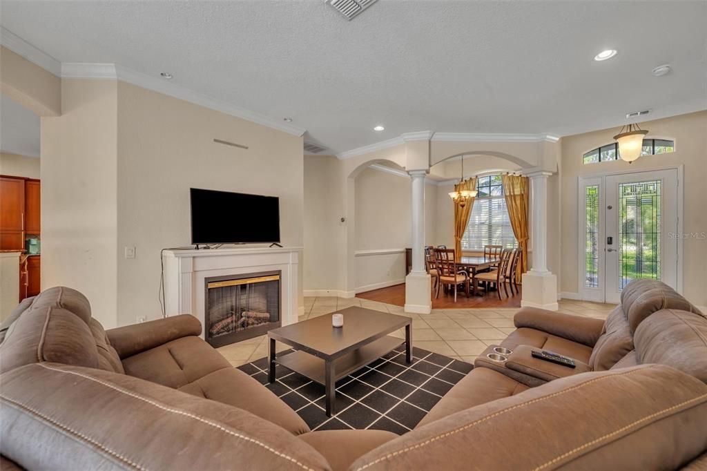 Chandelier, Dining room, Fireplace, Interior, Living room, Recessed Lighting