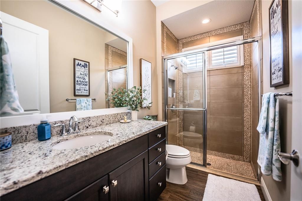 Bathroom, Glass Shower, Interior, Recessed Lighting, Wood Texture Flooring