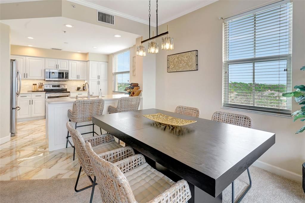 Dining room, Interior, Kitchen, Marble, Pendant Lights, Recessed Lighting, Stainless Steel Appliances