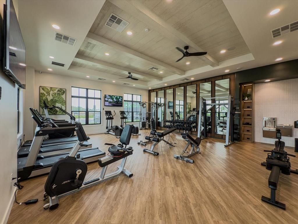 Fitness Equipment, Gym, Interior, Recessed Lighting, Wood Texture Flooring
