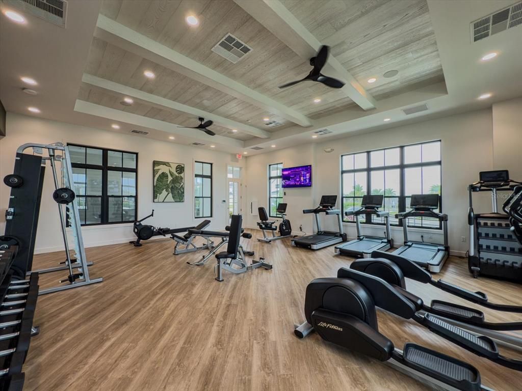Fitness Equipment, Gym, Interior, Recessed Lighting, Wooden Ceilings, Wood Texture Flooring