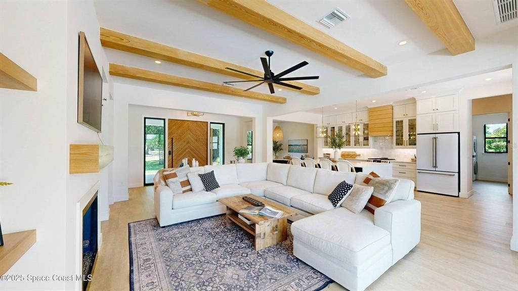 Fireplace, Interior, Kitchen, Living room, Pendant Lights, Recessed Lighting, Wooden Beams, Wood Texture Flooring