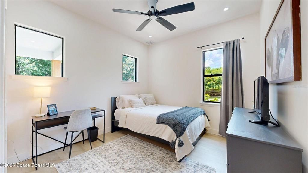 Bedroom, Home Office, Interior, Recessed Lighting, Wood Texture Flooring