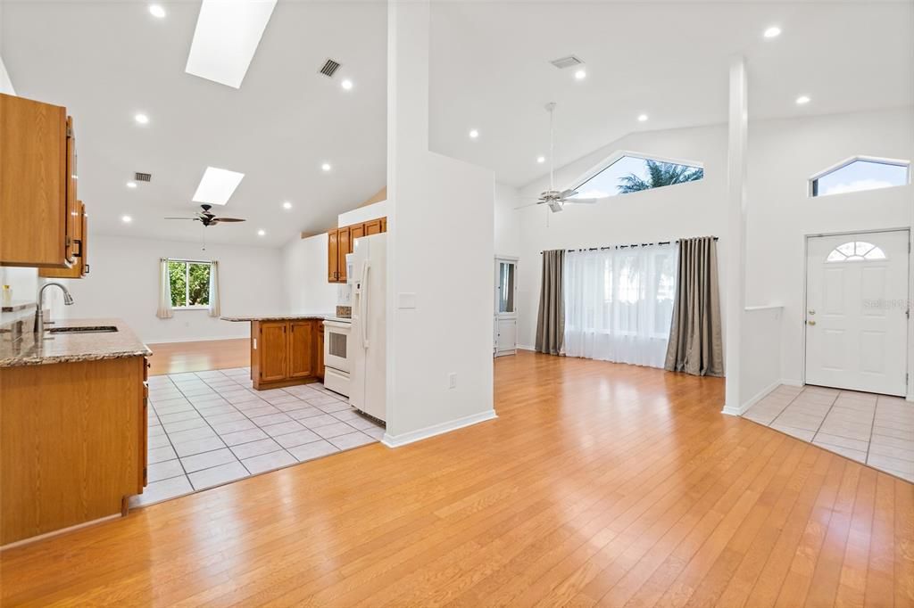Empty room, Interior, Kitchen, Recessed Lighting, Wood Texture Flooring