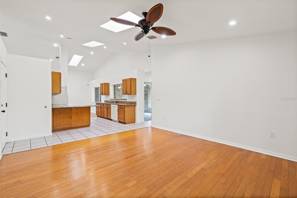 Empty room, Interior, Kitchen, Recessed Lighting, Wood Texture Flooring