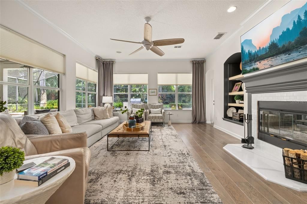 Fireplace, Interior, Living room, Recessed Lighting, Wood Texture Flooring