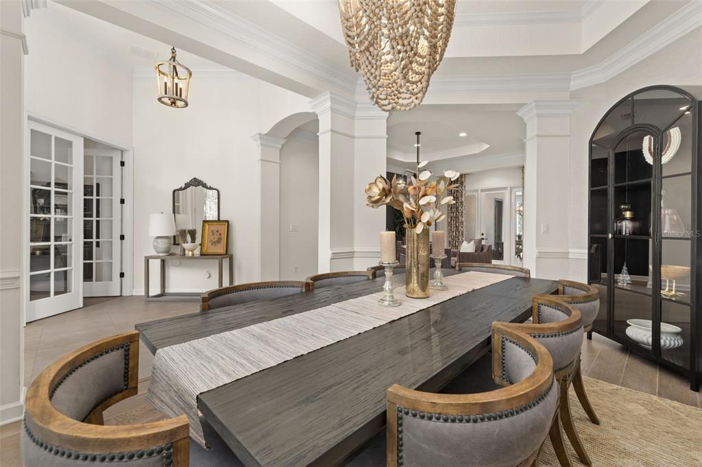 Chandelier, Dining room, Interior, Pendant Lights, Recessed Lighting, Wood Texture Flooring