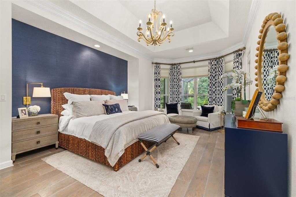 Bedroom, Chandelier, Interior, Recessed Lighting, Wood Texture Flooring
