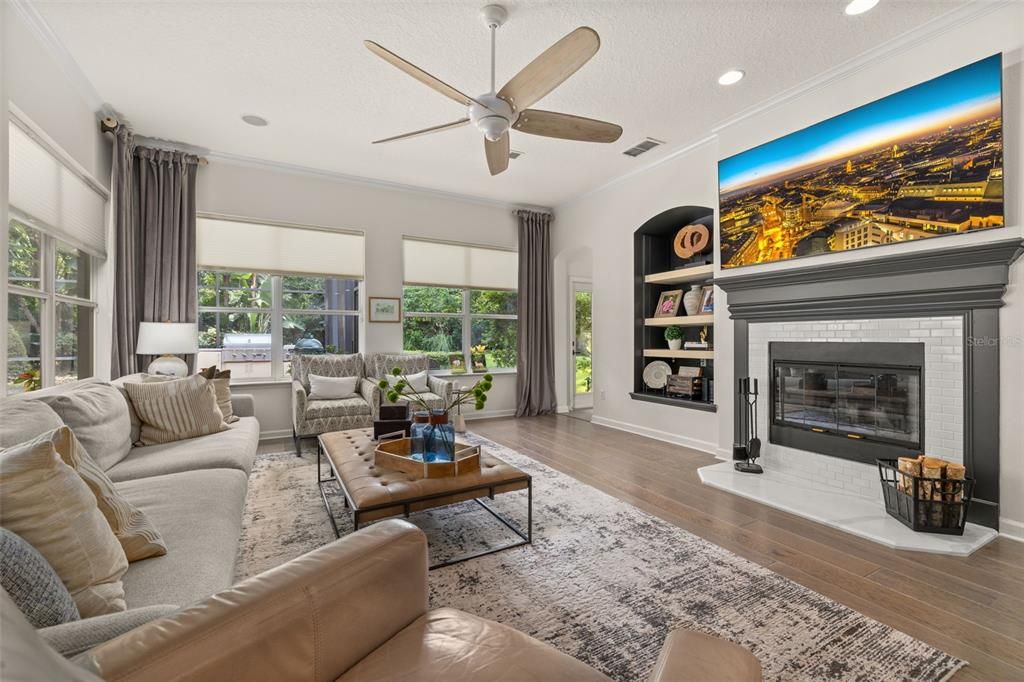 Fireplace, Interior, Living room, Recessed Lighting, Wood Texture Flooring