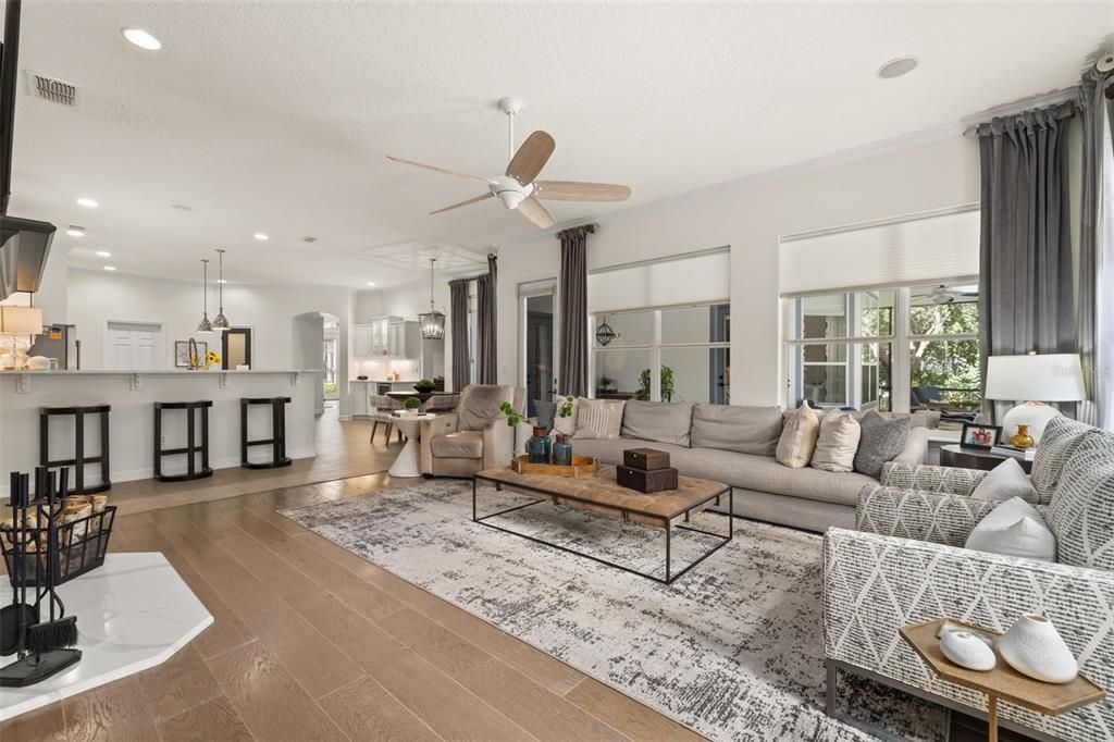 Dining room, Interior, Kitchen, Living room, Pendant Lights, Recessed Lighting, Wood Texture Flooring