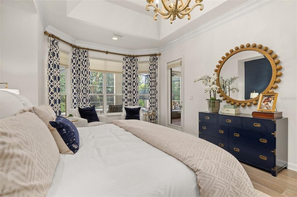 Bedroom, Chandelier, Interior, Recessed Lighting, Wood Texture Flooring
