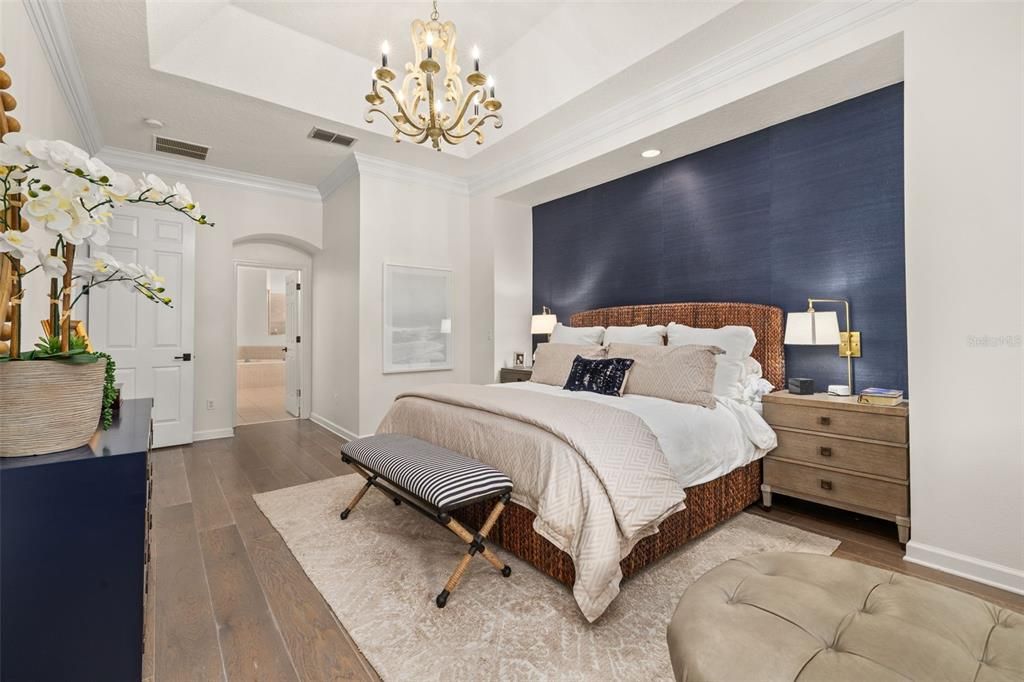 Bedroom, Chandelier, Interior, Recessed Lighting, Wood Texture Flooring