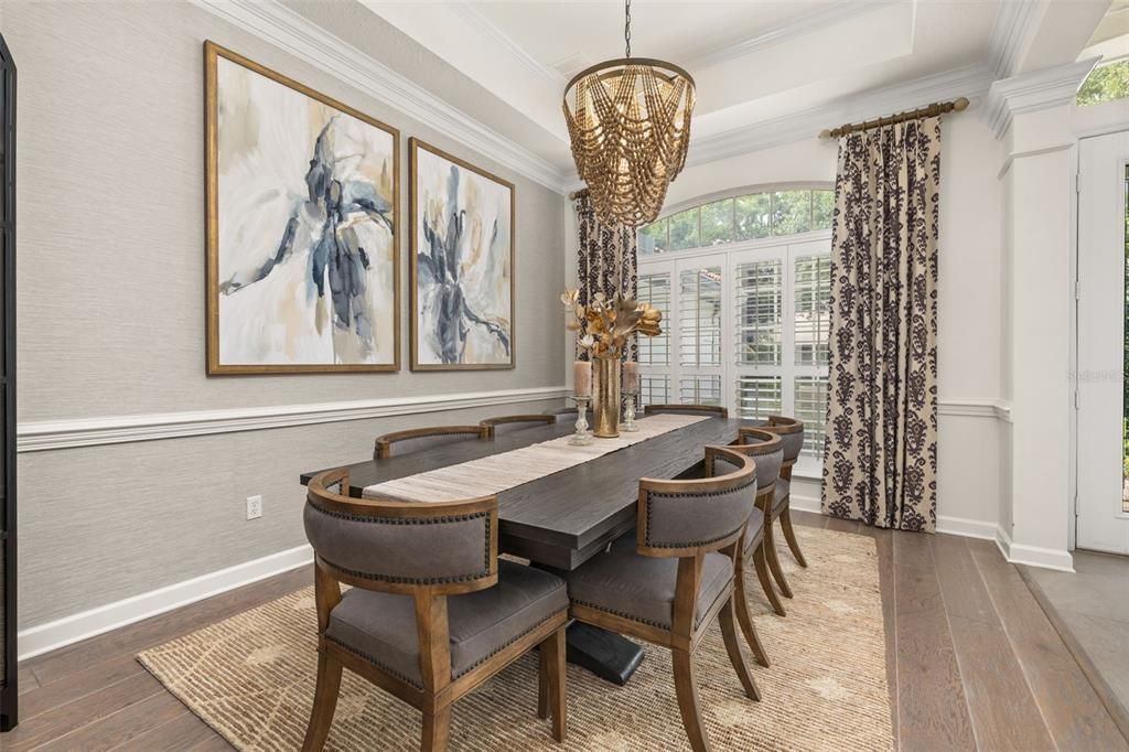 Chandelier, Dining room, Interior, Wood Texture Flooring