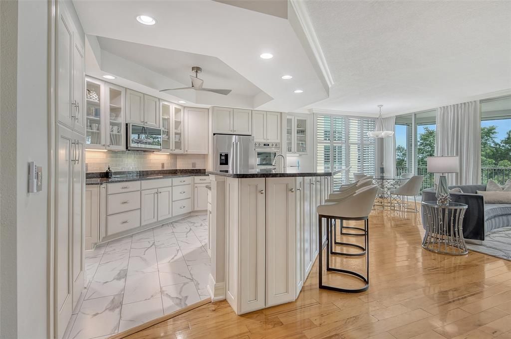 Dining room, Interior, Kitchen, Marble, Pendant Lights, Recessed Lighting, Stainless Steel Appliances
