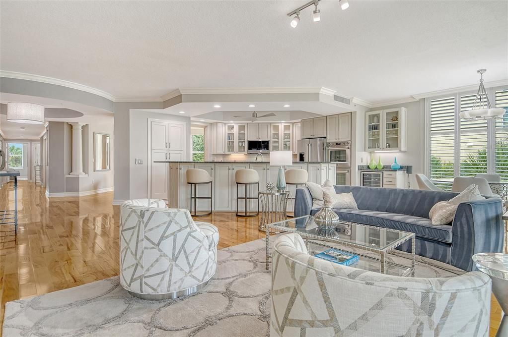 Interior, Kitchen, Living room, Recessed Lighting, Stainless Steel Appliances, Wood Texture Flooring
