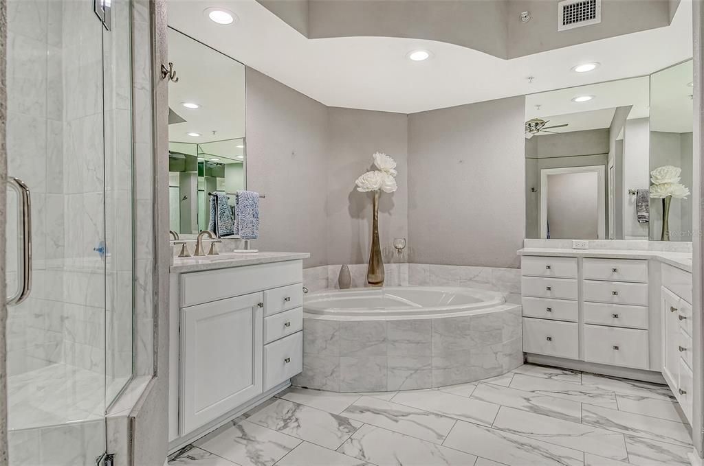 Bathroom, Glass Shower, Interior, Marble, Recessed Lighting