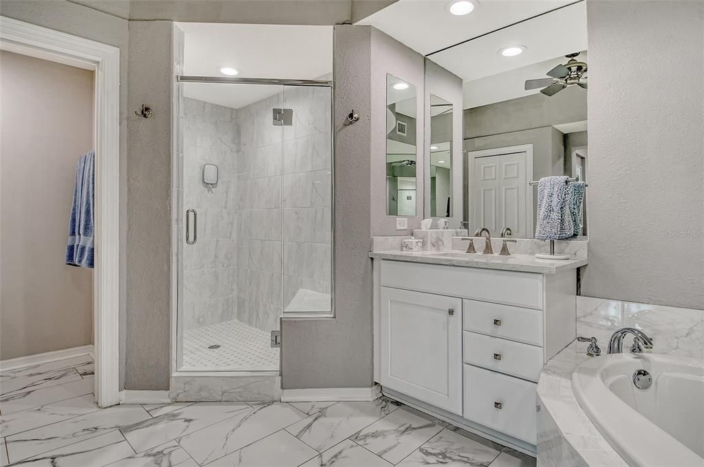 Bathroom, Glass Shower, Interior, Marble, Recessed Lighting
