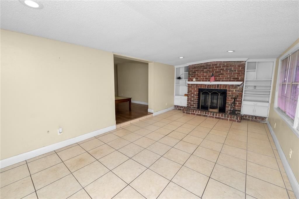 Empty room, Fireplace, Interior, Recessed Lighting, Stone Walls