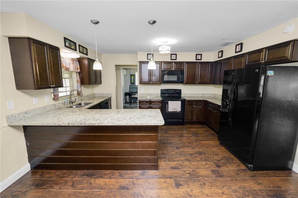 Interior, Kitchen, Pendant Lights, Wood Texture Flooring