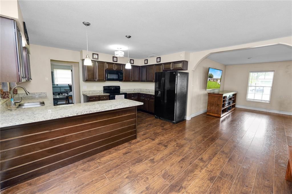 Interior, Kitchen, Pendant Lights, Wood Texture Flooring