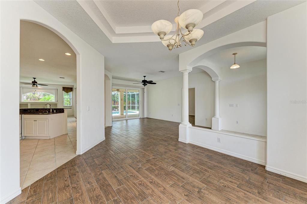 Chandelier, Empty room, Interior, Pendant Lights, Recessed Lighting, Wood Texture Flooring