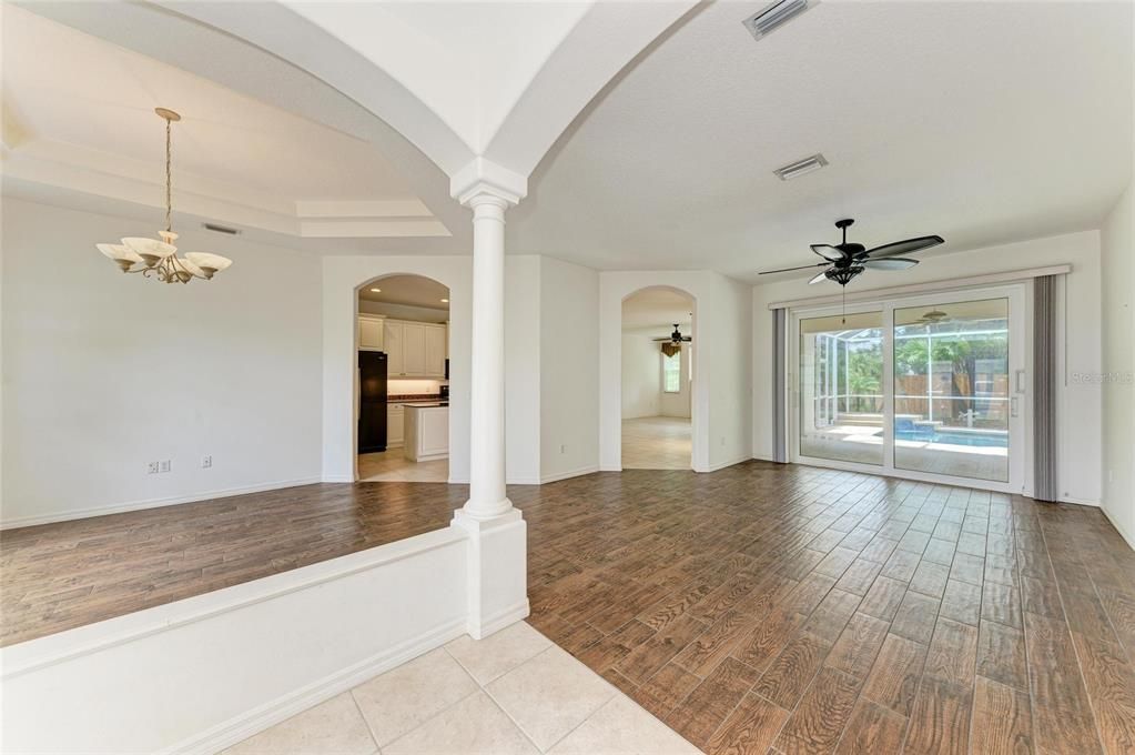 Chandelier, Empty room, Interior, Kitchen, Pendant Lights, Recessed Lighting, Wood Texture Flooring