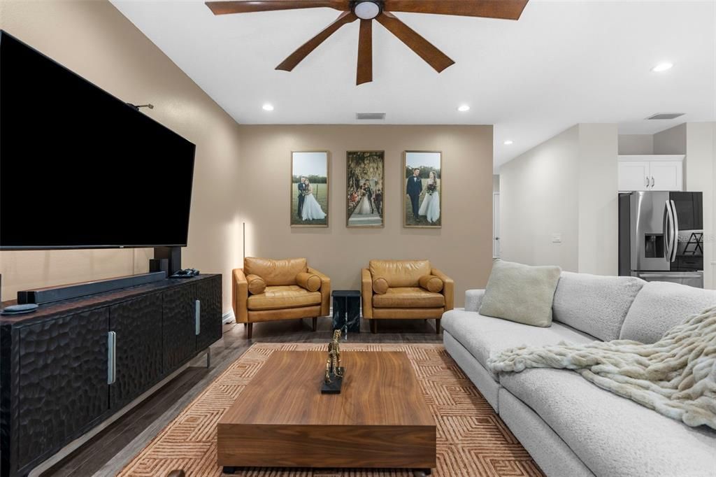 Interior, Living room, Recessed Lighting, Stainless Steel Appliances, Wood Texture Flooring
