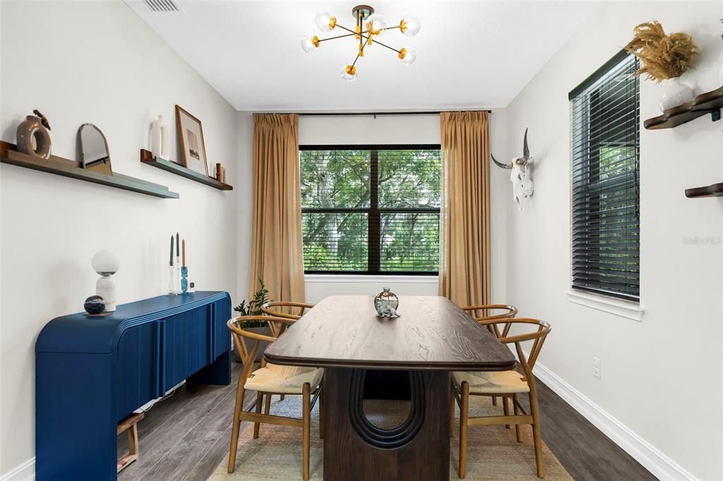 Dining room, Interior, Pendant Lights, Wood Texture Flooring