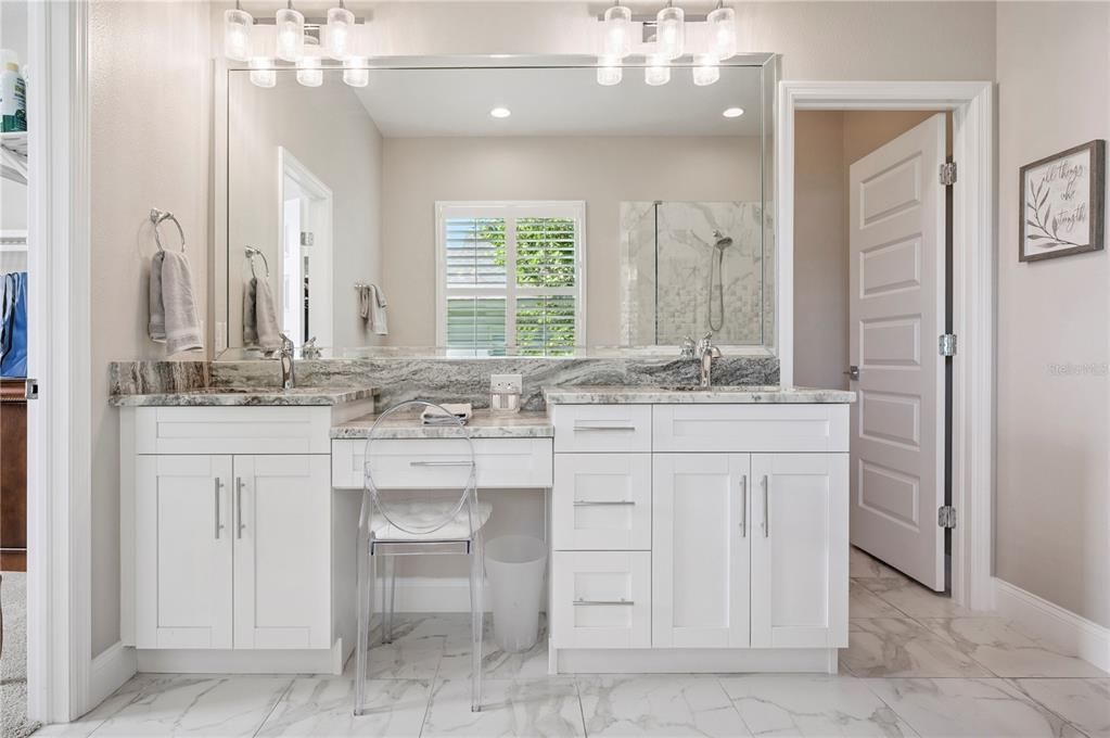 Bathroom, Dual Sink Vanities, Interior, Marble, Recessed Lighting