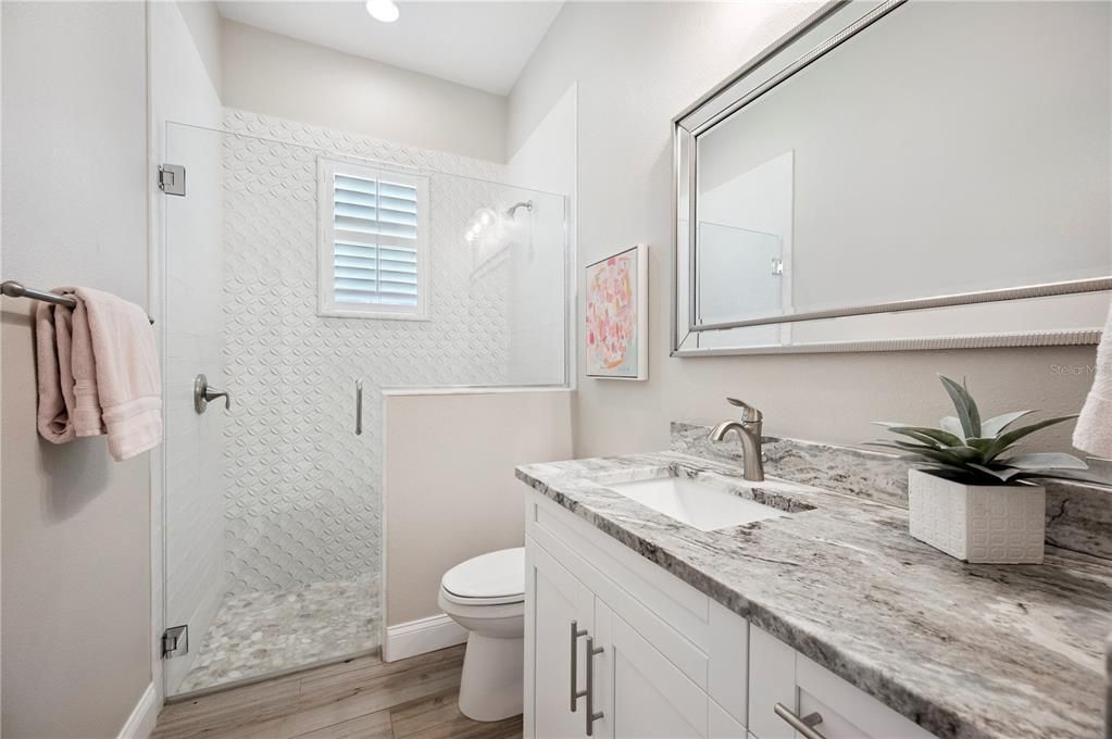 Bathroom, Glass Shower, Interior, Recessed Lighting, Wood Texture Flooring