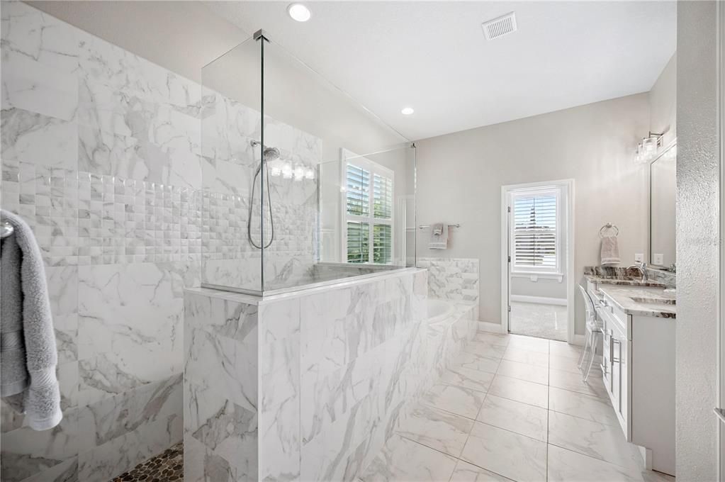 Bathroom, Glass Shower, Interior, Marble, Marble Walls, Recessed Lighting