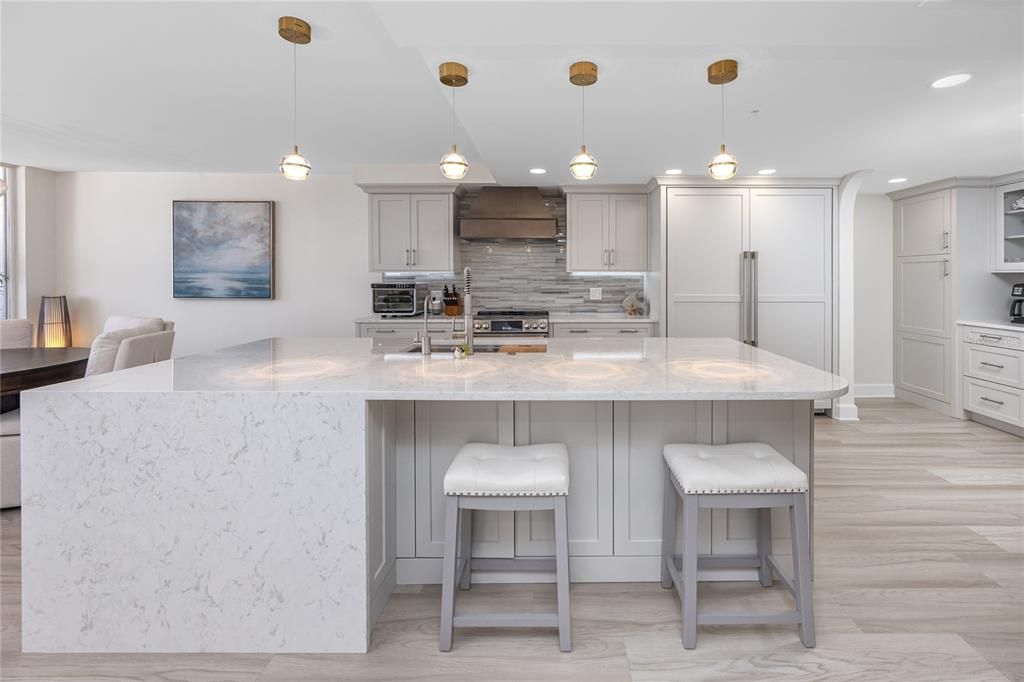 Interior, Kitchen, Marble, Pendant Lights, Recessed Lighting, Wood Texture Flooring